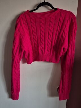 SHEIN Hot Pink Cable Knit Cropped Crewneck Sweater